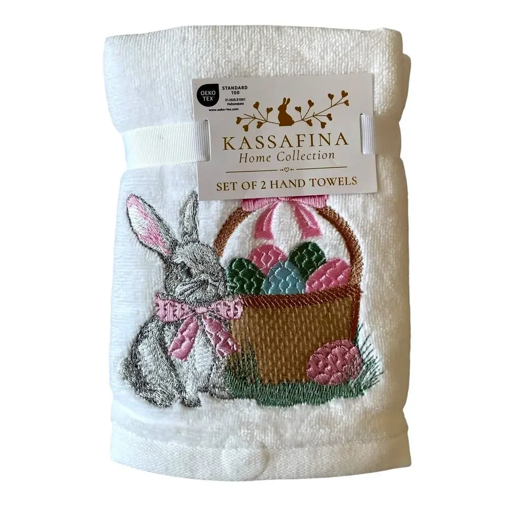 NEW Kassafina 2 Pk Plush Hand Towels Embroidered Spring Easter Bunny Eggs Basket